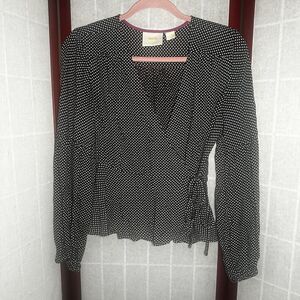 Maeve Anthropologie Shirt Womens Black White Dot Long Sleeve Wrap Peplum Size 00